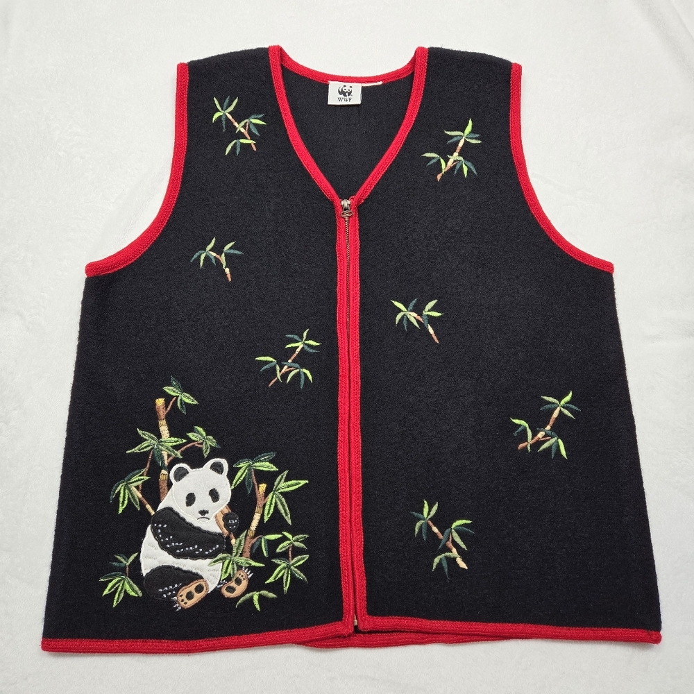 Vintage World Wildlife Fund (WWF) Boiled Wool Panda Bear Grandma Vest Size XL